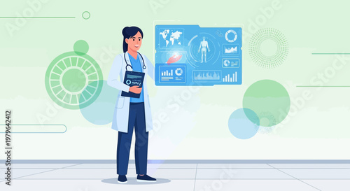 Futuristic healthcare visualization: doctor interacting with virtual patient data display