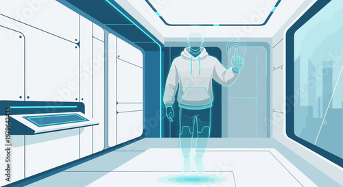 Futuristic human hologram interaction in a sleek, modern, and high-tech environment illustration