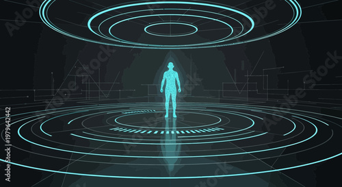 Futuristic human avatar in a virtual landscape symbolizing technological advancement and