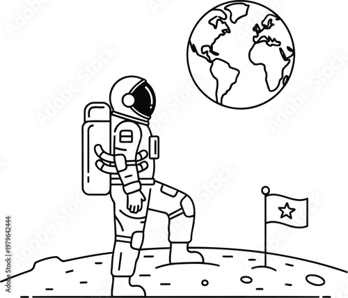 Astronaut planting a flag on the lunar surface with earth in the background