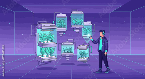 Futuristic hydroponics farm controlled by a person using augmented reality interface