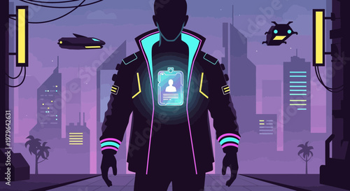 Futuristic identity: a lone figure in a neon lit cyberpunk metropolis with soaring vehicle