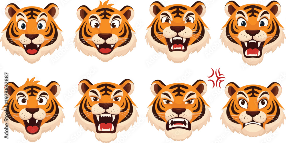 Fototapeta premium Cartoon Tiger Faces with Various Emotions: Happy, Angry, Surprised, and Annoyed Expressions