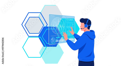 Futuristic Interface Control: Man Interacting with Digital Display in High-Tech Environment