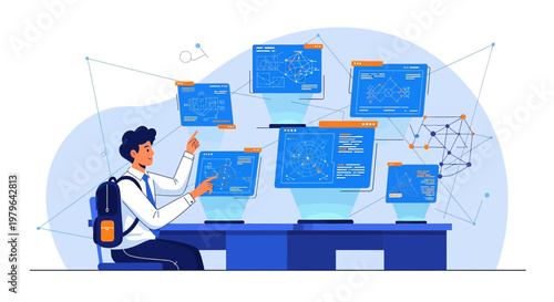 Futuristic interface engineer managing holographic project screens in virtual workspace