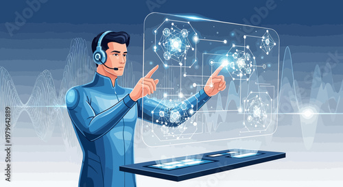 Futuristic interface interaction with virtual reality and digital network control panel