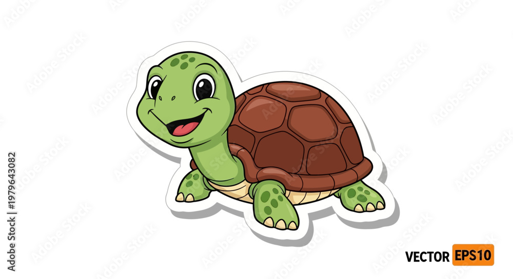Obraz premium Cute cartoon turtle illustration, happy reptile, sticker design, white background