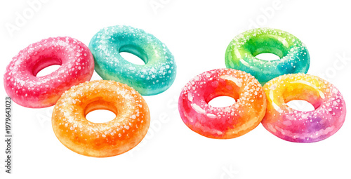 A watercolor collection of sweet ring candies featuring colorful gummy sweets illustrated in a bright whimsical style.