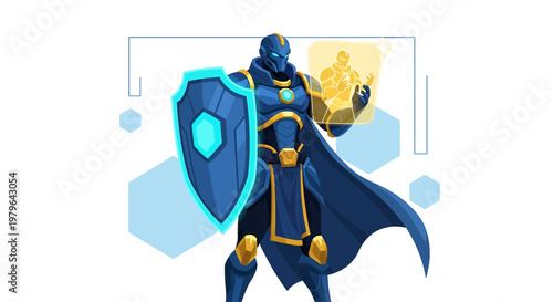Futuristic knight with shield, holographic display represents advanced defense technology