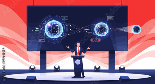 Futuristic keynote presentation with quantum computing demonstration on a large screen