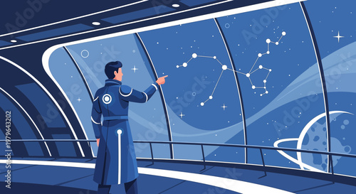 Futuristic man explores celestial patterns in a contemporary space station scene