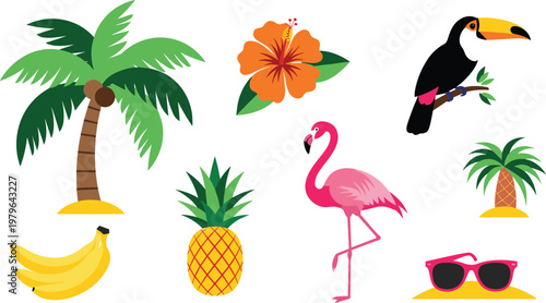 Tropical Summer Vector Illustration with Palm Trees, Flamingo, Hibiscus Flowers, Toucan, Pineapple, Bananas, and Sunglasses for Beach and Vacation Designs