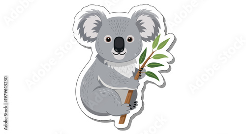 Cute Cartoon Koala Holding Eucalyptus Branch, Australian Wildlife Sticker