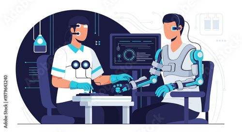 Futuristic medical diagnosis with robotic exoskeletons and virtual reality headsets in a