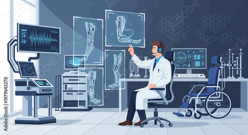 Futuristic medical professional analyzing prosthetic leg designs in advanced laboratory setting