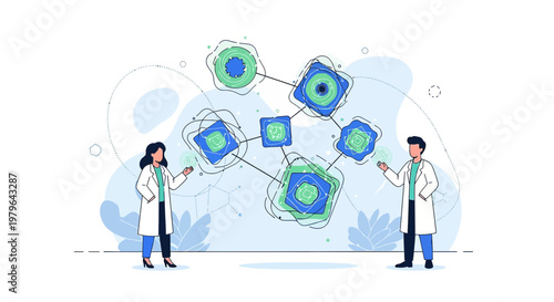 Futuristic medical research illustration showcasing scientific collaboration and innovation in a