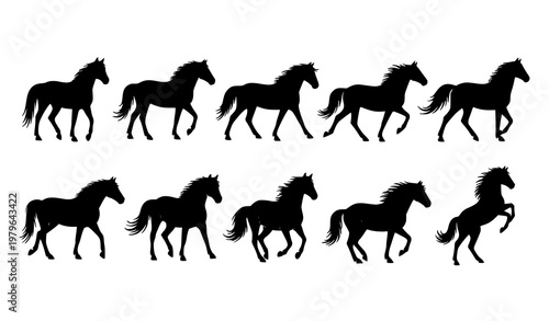 Horse silhouette set vector farm animal different poses icon collection