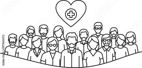 Community gathering with a focus on health and unity depicted by a heart symbol