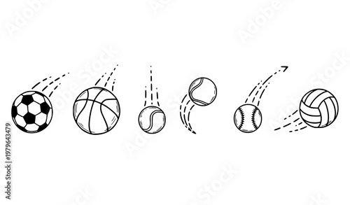 Doodle sport ball trajectory set vector hand drawn bounce path collection