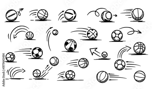 Hand drawn sport ball trajectory vector doodle bounce motion path set