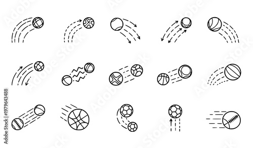 Sport ball trajectory doodle collection vector bounce path line set