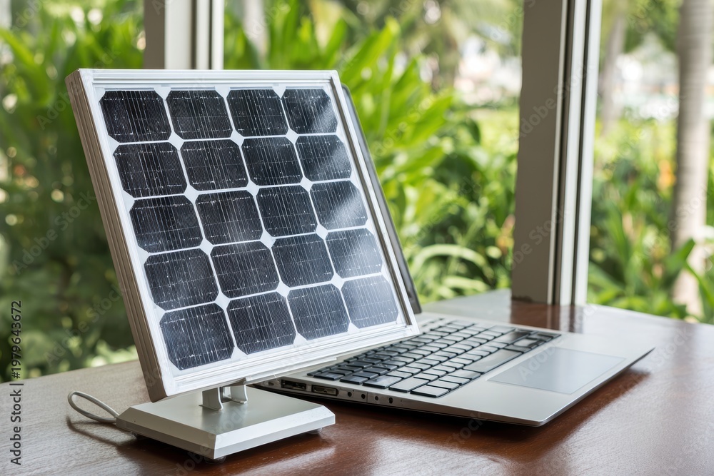 Fototapeta premium Solar Panel Laptop Setup - Sustainable Technology