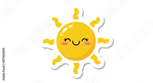 Cute cartoon sun character with smiling face and rosy cheeks, graphic sticker design