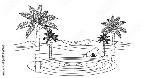 Black and white palm trees, desert landscape vector, tropical oasis illustration, minimalist design element