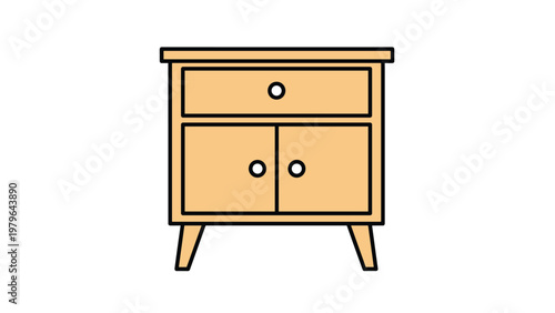 Simple wooden nightstand with one drawer and a double-door cabinet is shown in a clean and modern flat illustration.