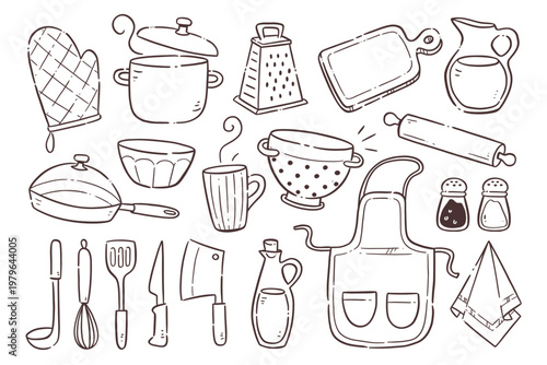 Kitchen utensils. Doodle kitchenware and appliances. Cute illustration with isolated cooking objects in vector format. 