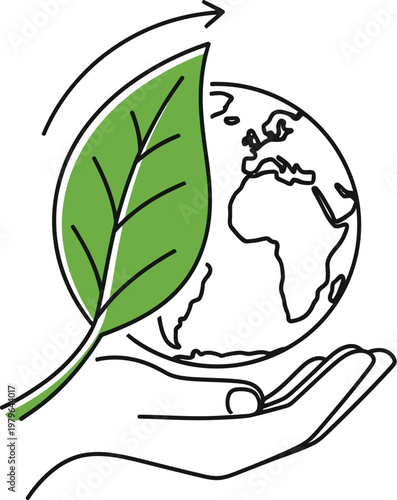 Hands holding a leaf with a globe symbolizing environmental care and sustainability