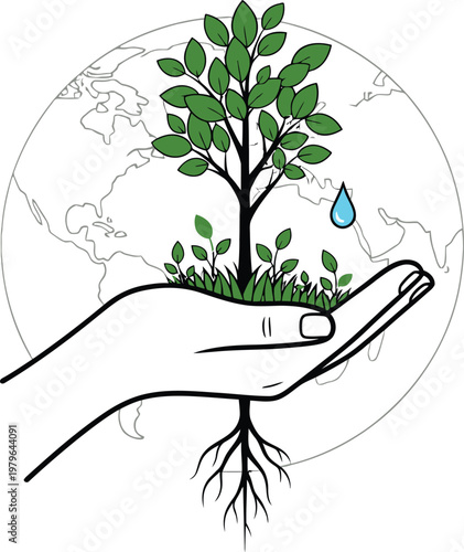 Illustration of a hand planting a tree with visible roots and soil ecosystem