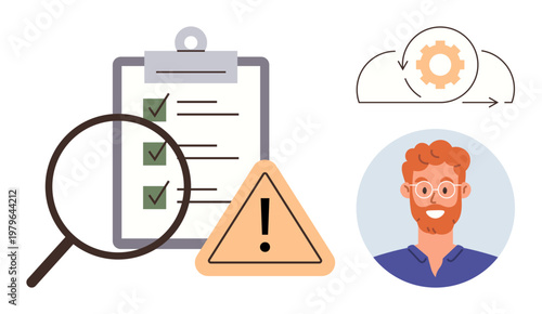 Productivity, task management, problem solving, workflow, compliance, teamwork. A checklist with a magnifying glass, warning symbol gear in the cloud and a person avatar. Productivity and task