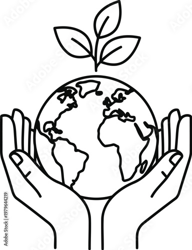 Hands cradling a globe with a sprouting plant symbolizing environmental care and sustainability.