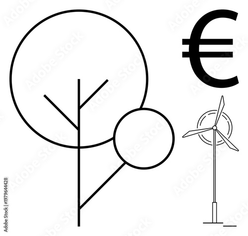 Sustainability, renewable energy, green economy, environmental conservation, eco-friendly practices, affordable solutions. Abstract tree, wind turbine Euro sign in minimalist design. Renewable