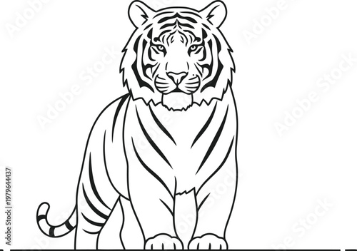 Graceful line drawing of a tiger sitting calmly beside a riverbank