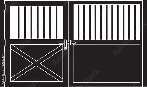 Black and white of a double stable door with vertical bars and cross-bracing