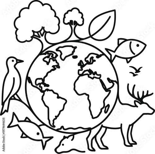Whimsical illustration of animals gathered around a stylized globe