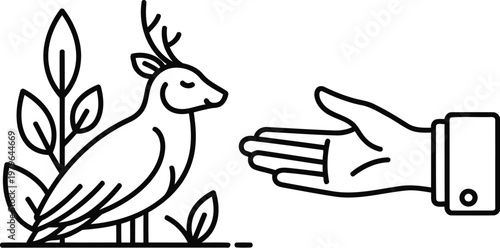 A hand reaching out to help a small deer standing beside a plant