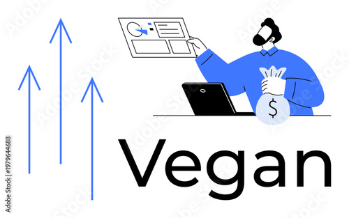 Business growth, vegan industry, financial success, investment, market trends, analytics. A person upward market trends and holding a money bag. Business growth and market trends concept