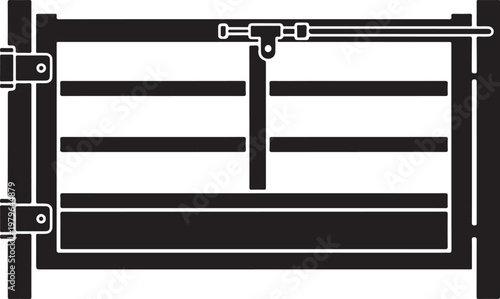 Black and white of a farm gate with a sliding latch mechanism, featuring horizontal slats and heavy-duty side hinges