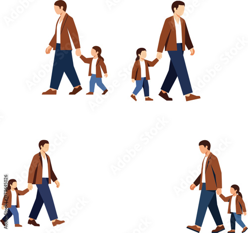 Happy father walking with his daughter holding hands together for a family stroll and parenthood concept in flat vector style