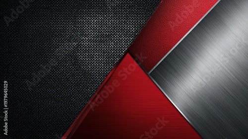 Abstract combination of dark carbon fiber, brushed metal and red textured panel background