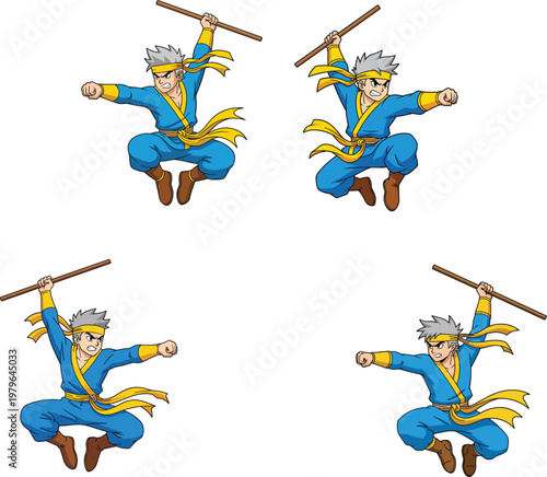 Young martial arts ninja character set jumping and attacking with wooden staff weapon wearing blue uniform