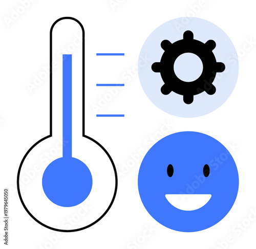 Temperature control concept. Thermometer, gear, and happy face icons temperature adjustment, system settings, and user feedback. Ideal for HVAC, wellness and technology design. systems wellness