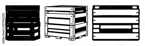 Stackable crate icon set with single solid black symbol on white background featuring logistics, shipping, warehousing with crate, pallet and storage and supply chain