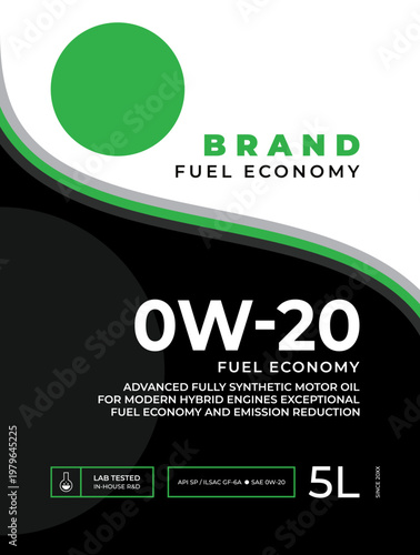 Professional green 0W-20 hybrid motor oil label template for eco-friendly engine lubricant packaging design, fully synthetic oil for fuel economy.