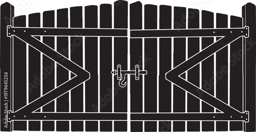 Black and white of a double wooden gate with diagonal bracing and a central latch mechanism