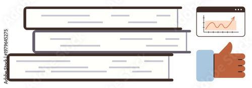 Education, knowledge growth, business analytics, career development, success symbol, information. Stacked books with a chart showing growth and a thumbs-up hand. Education and knowledge growth