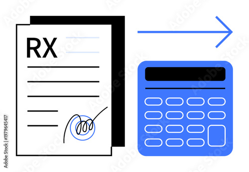 Healthcare expenses, financial planning, budget management, pharmacy services, prescription pricing, medication cost. RX prescription paper with signature and calculator with arrow. Healthcare